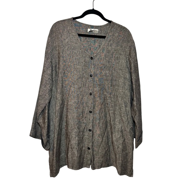Flax Tops - FLAX Womens Large 100% Linen Button Down Tunic Top Heathered Grey Lagenlook